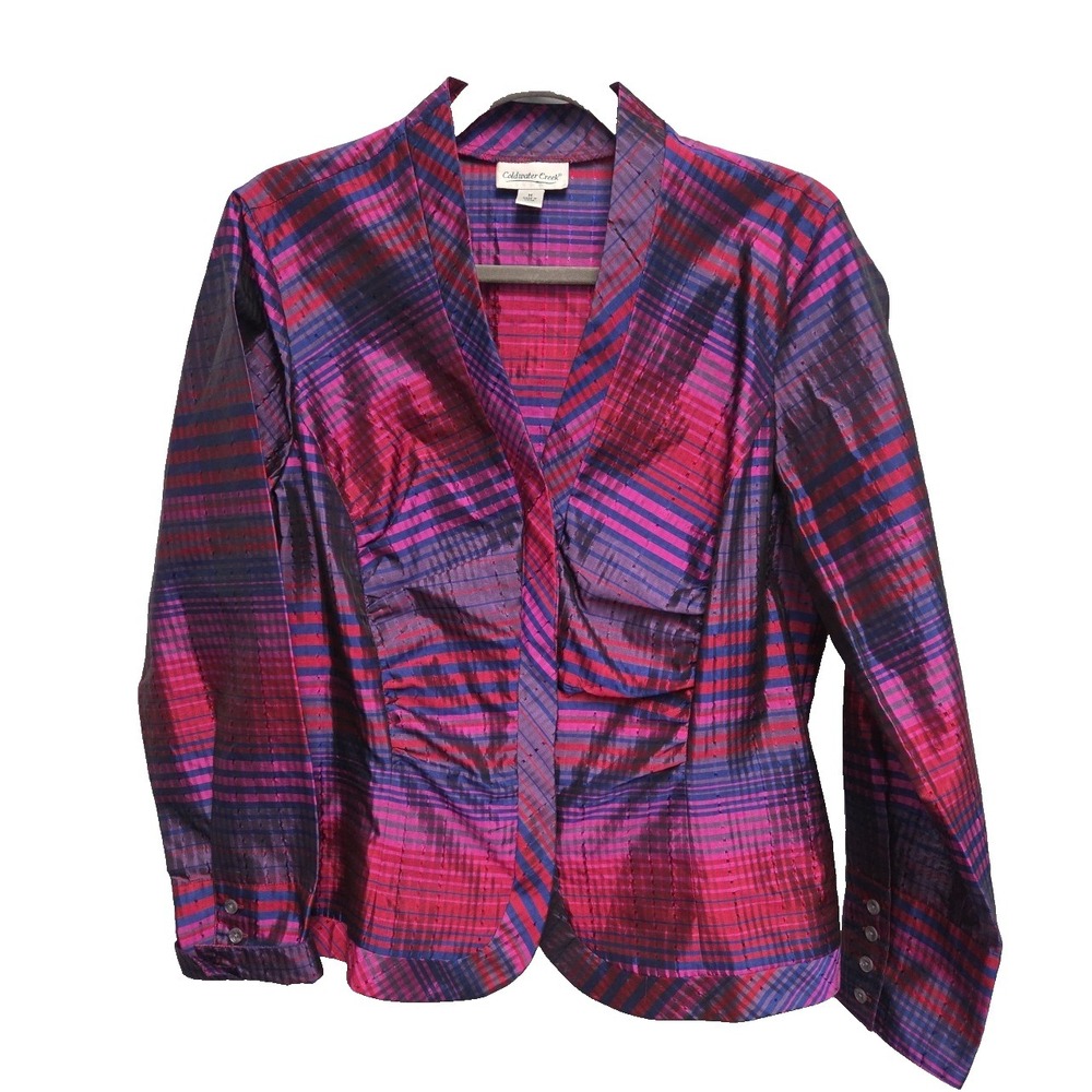 Coldwater Creek Silk Plaid Blouse Shirt Zip Front Size M Red/ Pink/ Blue Holiday